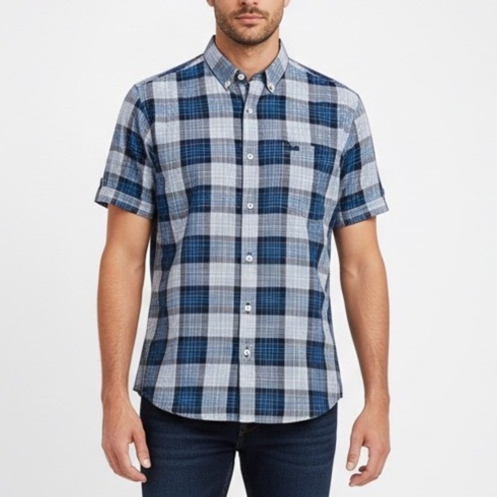 GoodMan‎ Brand Mens Plaid Short Sleeve Button Down Shirt Blue XL Casual
